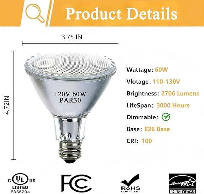 Par30 Long Neck Halogen Flood Light Bulbs 60W 120V 2700K Warm White Dimmable High Brightness, E26 Base, Great for Accent Lighting, Tracking, Recessed Bulb 6pcs