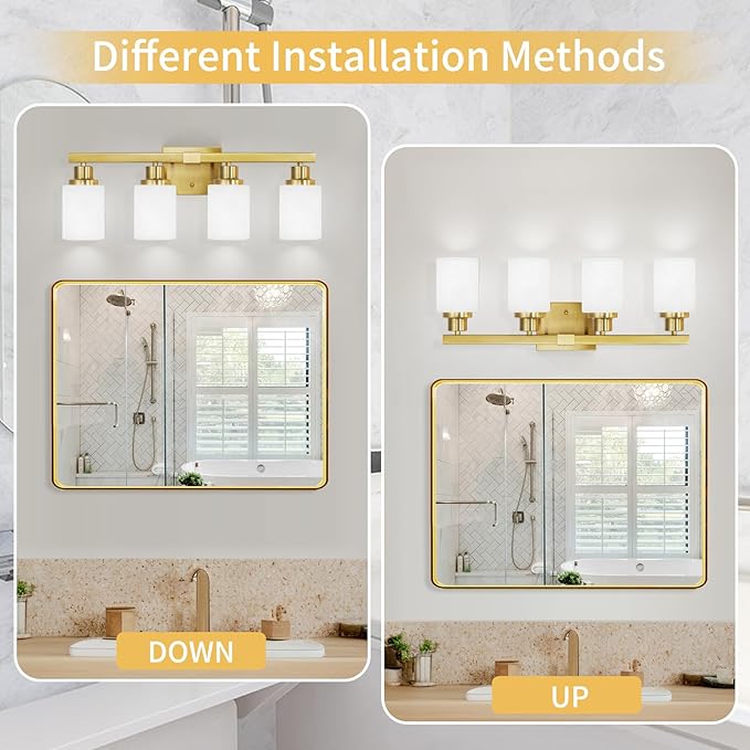 4-Light Gold Vanity Light, Modern Gold Bathroom Light Fixtures Over Mirror with Milky White Glass Shade, Bath Wall Mount Lights Wall Lamp for Mirror Bedroom, Living Room Hallway Kitchen