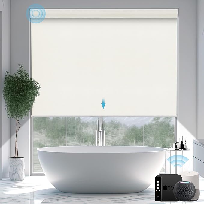 SmartWings Motorized Smart Blinds with Remote, Custom Automatic 100% Blackout Roller Shade Compatible with Alexa/Homekit/Google, Electric Smart Blinds for Indoor Windows, Vinyl Beige