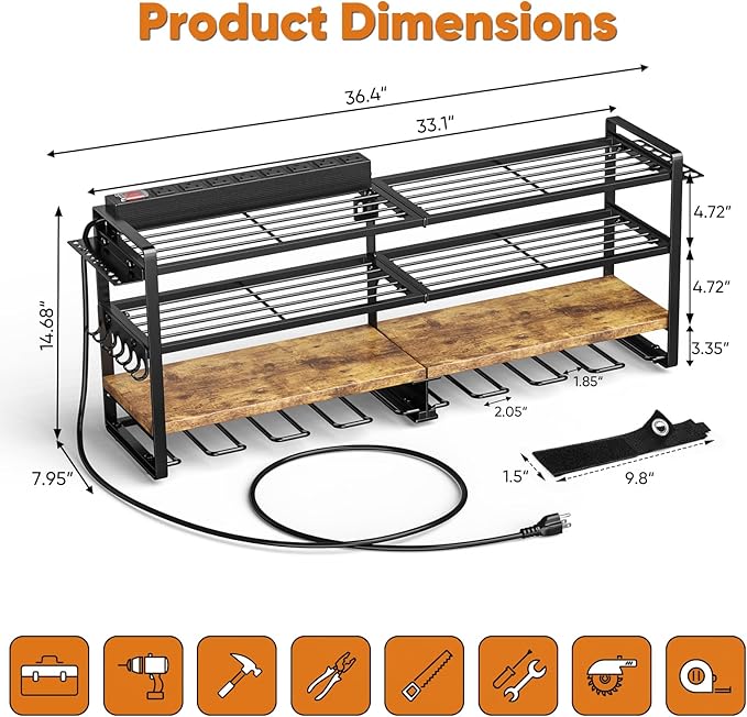 33" W Large Power Tool Organizer with Charging Station, 4-Layer Heavy Duty Utility Rack Loads 400lbs, Holds 8 Cordless Drills, Wall Mount Tool Shelf with 8-Outlet Power Strip, Gift for Men