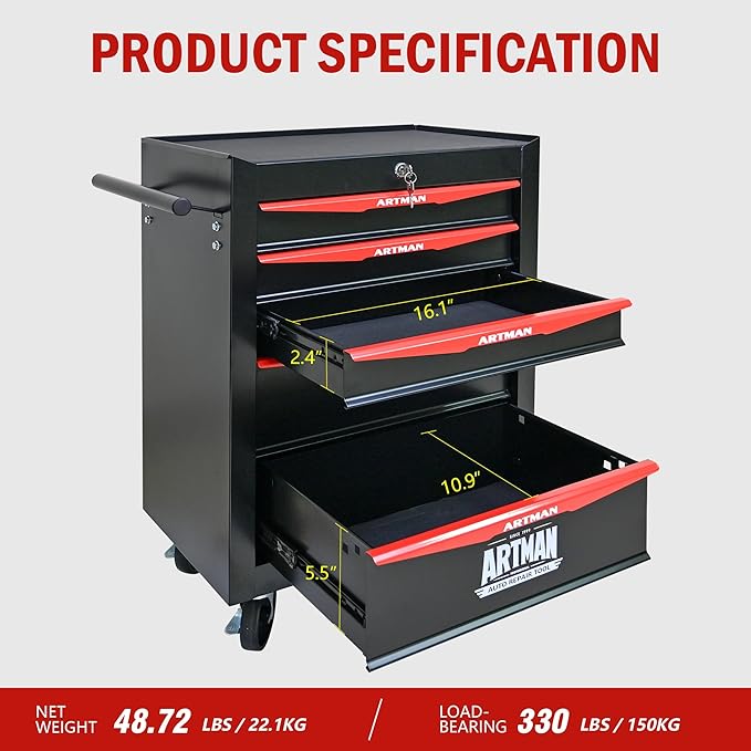 5 Drawers Rolling Tool Box on Wheels, Multifunctional Tool Chest Cabinet with Lock, Drawers Rolling Tool Cart Trolley Organizer Tool Storage Case for Warehouse,Garage,Workshop (Black&Red)