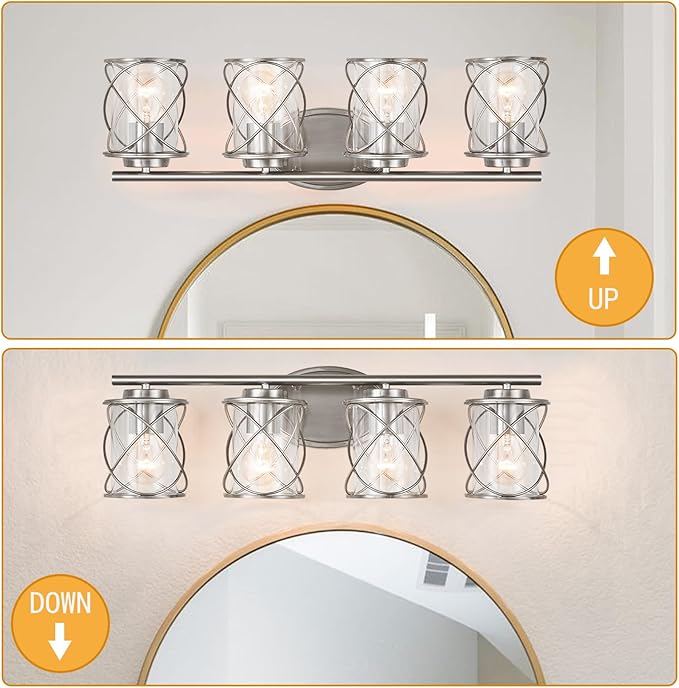 4-Lights Bathroom Light Fixtures, Brushed Nickel Modern Vanity Light Over Mirror, Bathroom Wall Lamp for Mirror Kitchen Living Room Hallway Porch, Farmhouse Wall Lights with Clear Glass Cage Shade