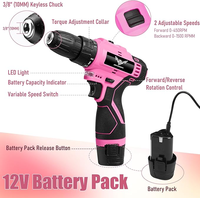 Pink Tool Set - 12V Cordless Drill Kit, 151 Piece Box With Hand Drill, Home Tool Kits for Men & Women, Perfect for Homeowner, Diyer, Handyman