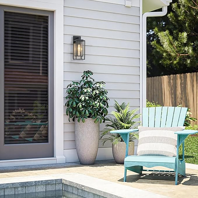 14" Outdoor Wall Light Fixtures Waterproofed Exterior Lantern W/Sturdy Rectangular Double Cage In Satin Black&Clear Tempered Glass,Sconce Mounted For House Patio,Front door,Porch,Garage Lighting 2Pack