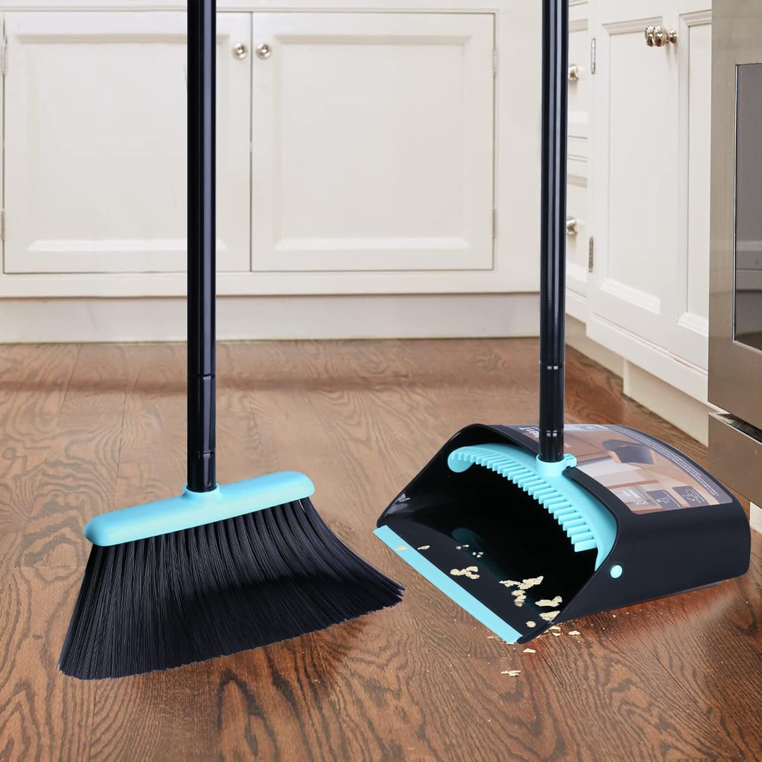 Broom with Dustpan Combo Set,Dust pan with Broom Combo Set,Standing Dustpan and Broom with 54” Long Handle for Indoor Lobby Office Kitchen Sweeping