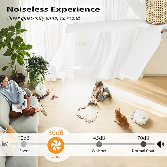 54" Ceiling Fan with Light - Low Profile Flush Mount Ceiling Fan, 6-Speed Remote Control, Solid Wood, Quiet Reversible DC Motor, White/Gold Finish, for Bedroom, Living Room, Porch