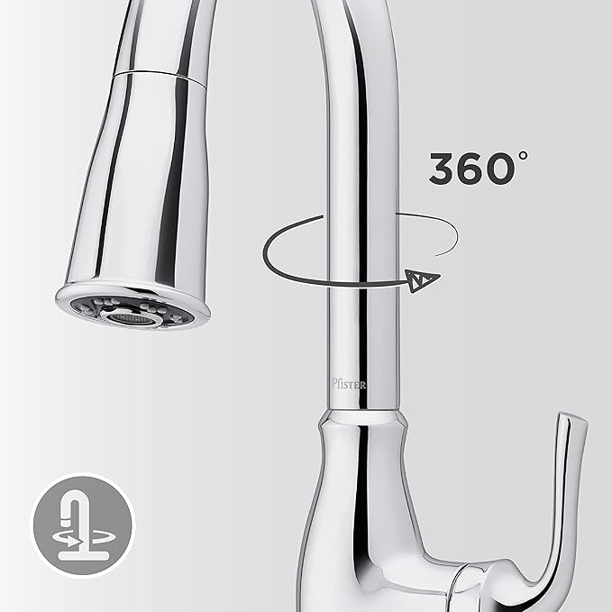 Pfister Rosslyn Kitchen Faucet with Pull Down Sprayer and Soap Dispenser, Single Handle, High Arc, NSF Certified, Polished Chrome Finish, F5297RSSRC