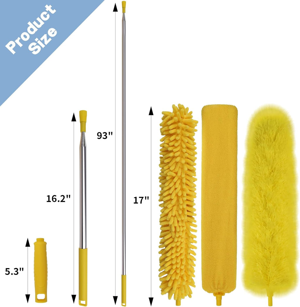 Cobweb Duster with Extension Pole, 110" Microfiber Feather Duster Kit with Bendable Washable Heads, Spider Web Brush, Dusters for Cleaning Ceiling Fan, High Ceiling, Blinds, Furniture & Cars