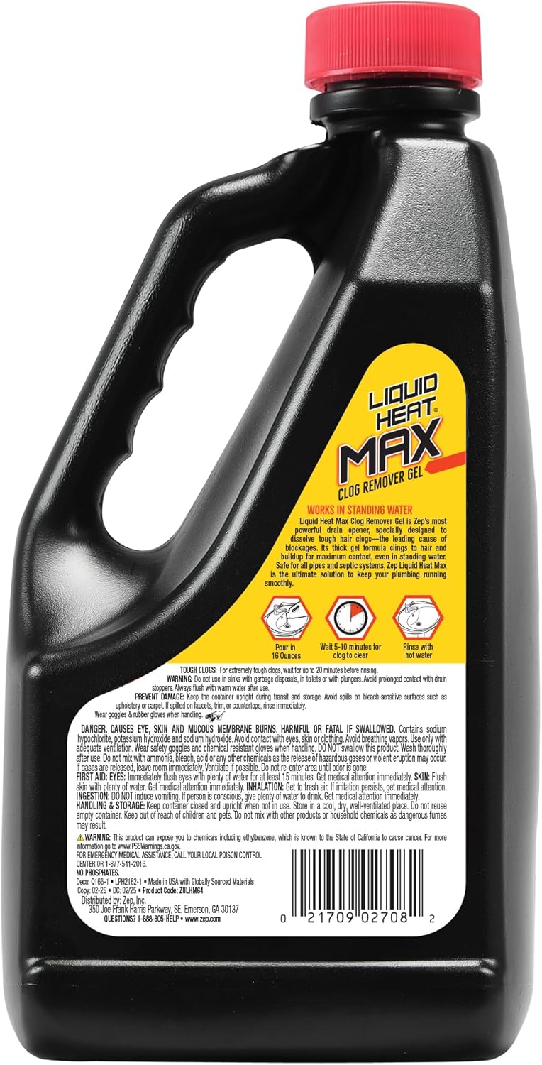 Zep Liquid Heat Max Clog Remover Gel - Destroys Hair, Build-Up & Grease - 64 oz.