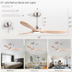 52" Wood Ceiling Fans with Lights and Remote Control,Indoor Outdoor 3 Blades Wooden Ceiling Fan for Garage,Patio,Living Rooms,Bedrooms,Offices,Farmhouse(Nickel+Raw wood)