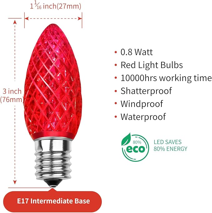 Meconard C9 Led Replacement Christmas Light Bulbs, C9 Shatterproof Led Bulbs for Christmas Indoor Outdoor String Lights, E17 Intermediate Base, Commercial Grade Holiday Bulbs, Red, 25Pack