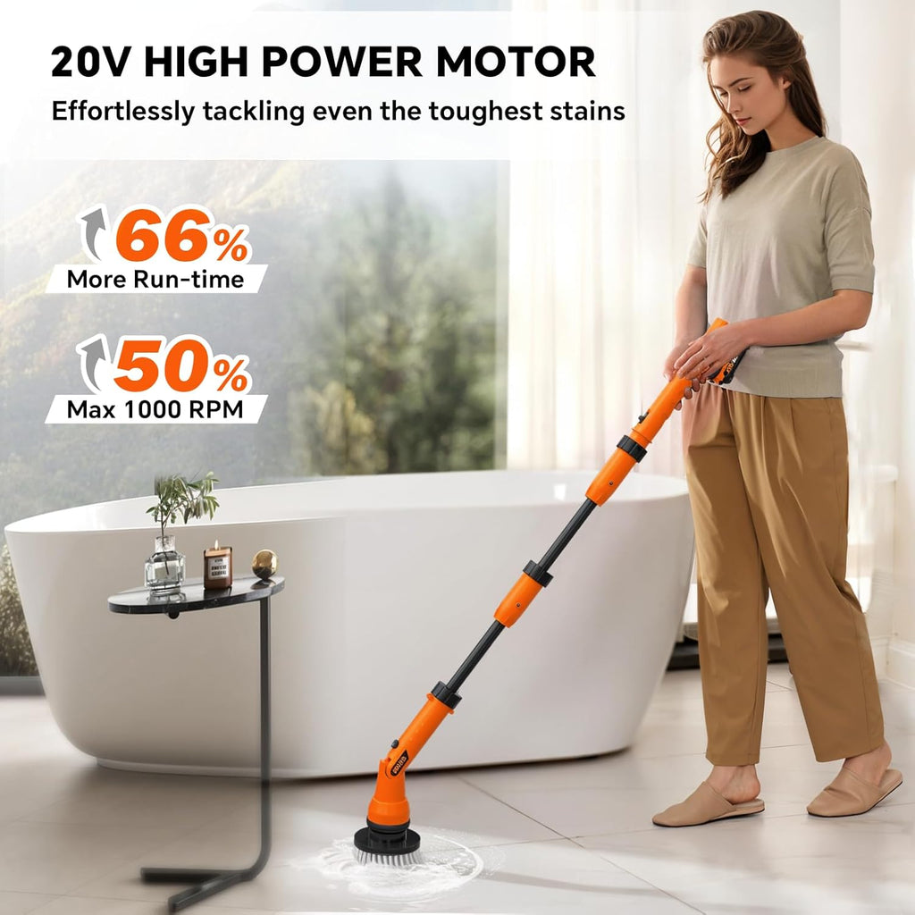 1000RPM Electric Spin Scrubber, 20V Cordless Cleaning Brush with Adjustable Extension Arm, 4 Replaceable Cleaning Heads, Hook and Gloves, 1 Hour Fast Charge, Waterproof - for Bathroom/Tub/Tile/Floor