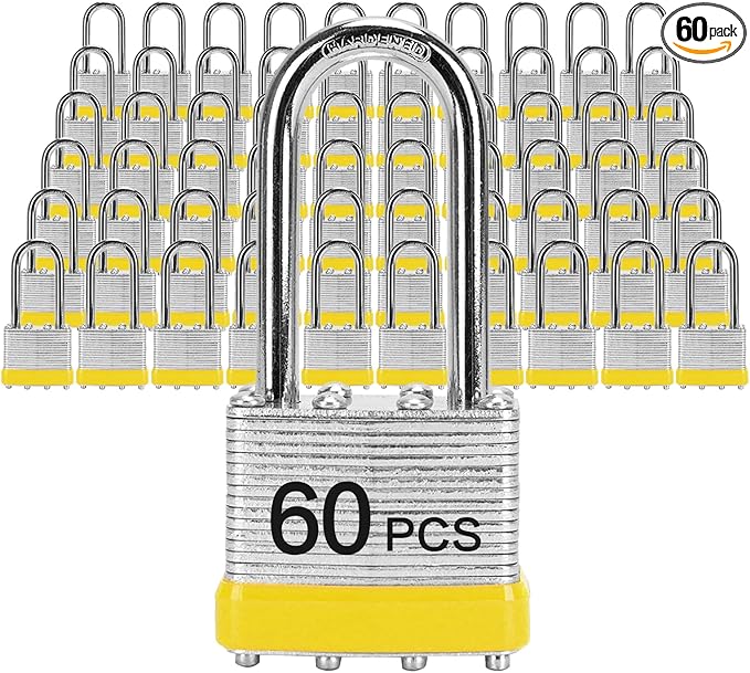 Padlocks with Same Key, LQYN 60 Pcs Laminated Keyed Padlock (1-9/16", 40mm), Keyed Alike Locks, Long Shackle, for Storage Locker, Hasp Latch, Toolbox, Sheds