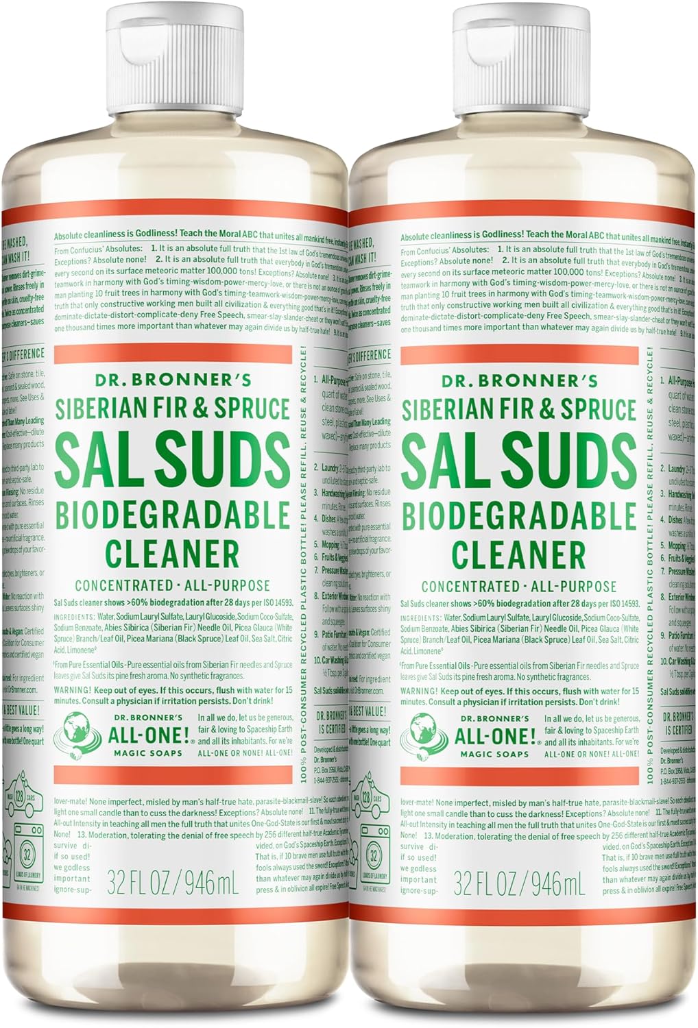 Dr. Bronner's - Sal Suds Biodegradable Cleaner (32oz, 2-Pack) – Concentrated All Purpose Cleaning Solution & Mop Soap, For Floors, Laundry & Dishes – Powerful Formula Made with Plant-Based Surfactants