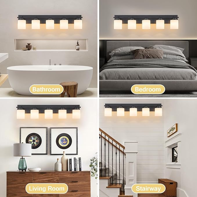 5 Light Modern Bathroom Light Fixtures Over Mirror, Black Vanity Lights for Bathroom Wall Sconces with Milky White Glass Shades, E26 Socket (Bulbs Not Included)