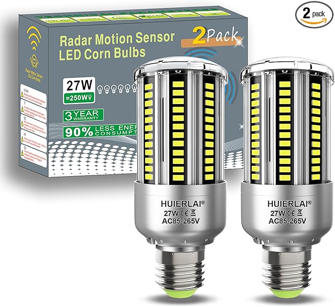 Radar Motion Sensor Light Bulbs A19 250W Equivalent AC85-265V 27W Motion Detector Auto Activated Dusk to Dawn Security Outdoor Porch Lights LED Bulb Daylight White 3375LM E26/E27 (2 Pack)