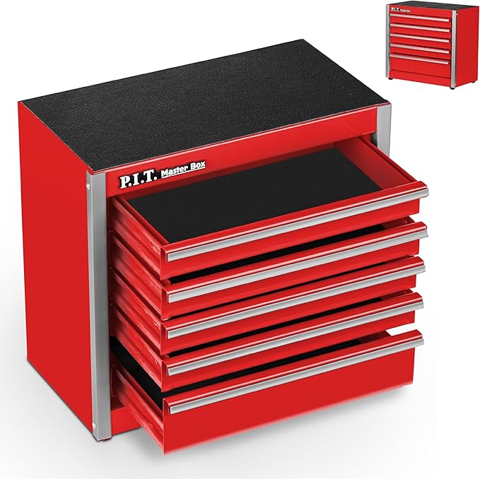 P.I.T. Mini Red Tool Box, Portable 5-Drawer Micro Roll Cab Steel Tool Box with Liner, Red Small Tool Case for Tools Storage, Home DIY