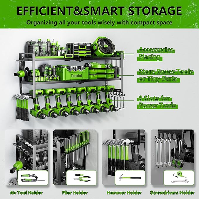Power Tool Organizer - 3 Layer 8 Drill Holder Wall Mount, Storage Rack for Garage Organization, Large Tool Shelf, Gifts for Him Men Dad Husband Anniversary Fathers Day, Cool Gadget Stocking Stuffer