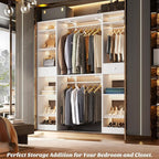 Unikito 58" W - 90" W Closet System, Large Walk in Closet Organizer with 3 Hanging Rods and Shelves, Heavy Duty Wood Closets Wardrobe with 2 Drawer & Shoe Rack, Sturdy Reversible Clothing Racks, White
