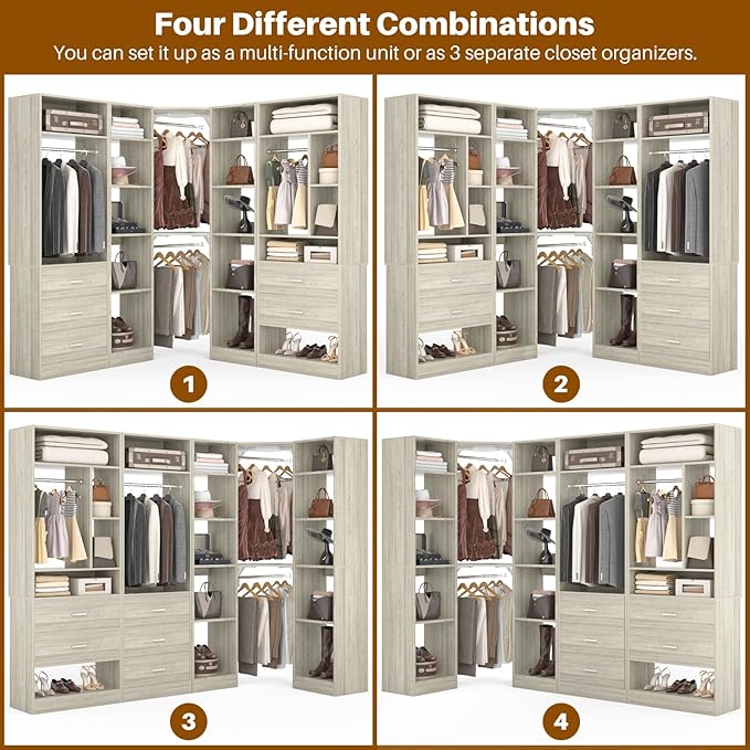 Corner Closet System with 5 Drawers, Closet Organizer System with 15+Shelvess & 4 Hanging Rods, 63.2"L * 63.2"W / 87.2"L * 39.2"W Reversible L Shaped Walk-in Closets, Load 2500+LBS, White Oak