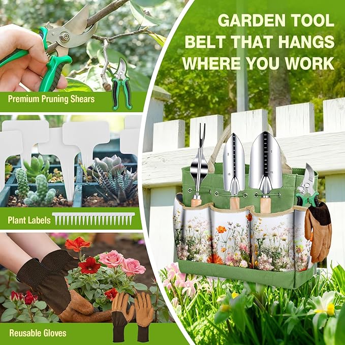 Gardening Tools Set for Women 29Pcs Heavy Duty Garden Hand Tools Set with Floral Tote Bag Rust-Proof Garden Tool Kit Supplies Gardening Esssential Gifts for Women Men