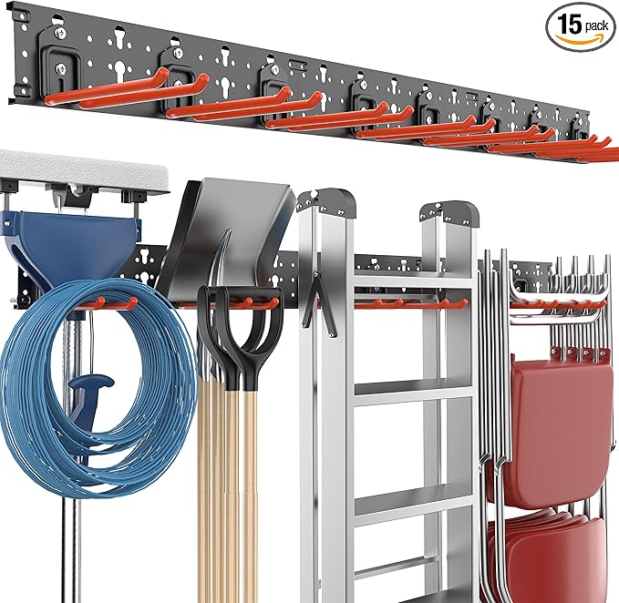 EVERHANGER Garage Tool Storage Organizer Wall Mount, Versatile Garden Tool Rack Organization, Folding Chair Hangers with 8 Multifunctional Hooks, Max Load 330lb, 48inch