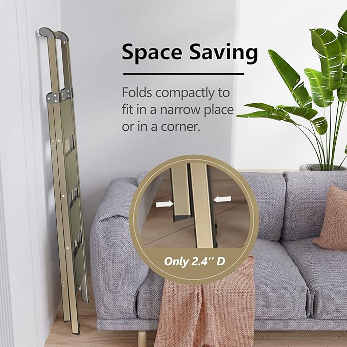 GameGem 4 Step Ladder, Folding Step Stool with Anti-Slip and Wide Pedal, Gold Ladder with Handgrip, Lightweight Aluminum Space Saving Stepladder for Home and Kitchen, 300 lbs Capacity