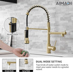 Brushed Gold Kitchen Faucet with Pull Down Sprayer, AIMADI Commercial Gold Kitchen Sink Faucet Single Handle Spring Two Nozzles Faucets