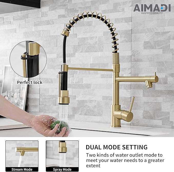 Brushed Gold Kitchen Faucet with Pull Down Sprayer, AIMADI Commercial Gold Kitchen Sink Faucet Single Handle Spring Two Nozzles Faucets