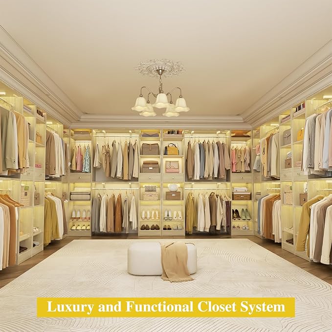 Unikito 10-15FT Closet Systems, Large Wood Walk in Closet Organizer with Hanging Rods and Drawers, 180 Inch Heavy Duty Closets Wardrobe with Shoe Rack, Sturdy Reversible Clothes Closet Kit, White Oak