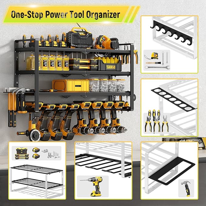 Power Tool Organizer Wall Mount - 400Lbs Load 4 Layers Storage Rack with 8 Drill Holders for Drills Cordless Tools. Heavy Duty Iron Garage Tool Organizer Storage for Workshop Shed Pegboard Basement