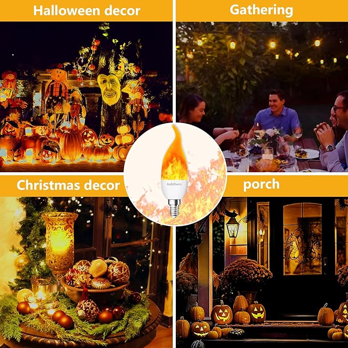 Flickering Light Bulbs, 3 Modes LED Flicker Effect Light Bulb, E12 Base Flame Light Bulb with Gravity Sensor, Fire Light Bulbs Halloween Home Party (6 Pack-E12)