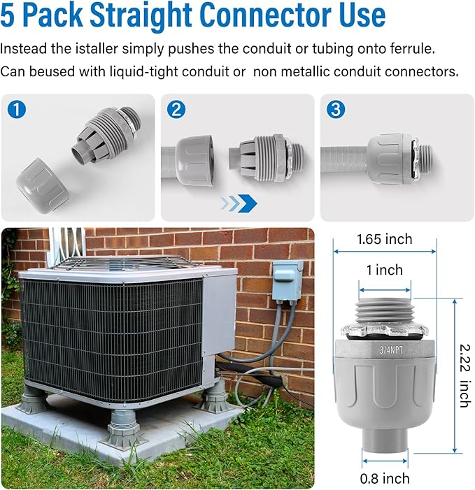 3/4-Inch Electrical Conduit Connector Kit,8-Pack Nonmetallic Plastic Liquid Tight Connector with 5 Straight,3 90 Degree Angle Fittings