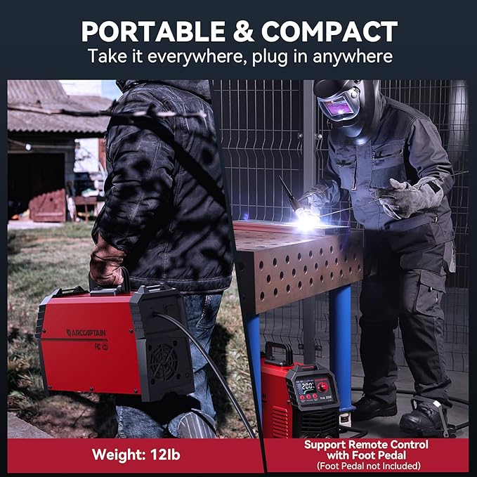 ARCCAPTAIN TIG Welder 200A, High Frequency 110v/220v Dual Voltage TIG/Stick/Arc 2 in 1 Welder LED Digital Display Welding Machine with 2T/4T Function and Tungsten Electrode