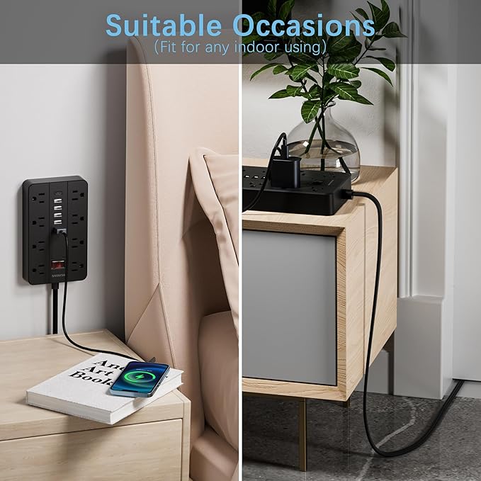 15 Ft Long Extension Cord Power Strip Surge Protector, HUNIAN Flat Plug with 8 Widely Spaced Outlets 6 USB, Wall Mount Charging Station for Home and Office, Black