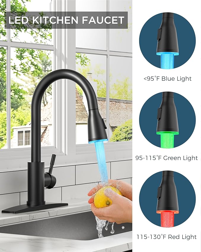 FORIOUS LED Kitchen Faucet with Pull Down Sprayer, Black Single Handle Stainless Steel Traditional Sink Faucets with LED Light Sprayer Head, Suitable for Farmhouse Laundry Camper Rv Bar