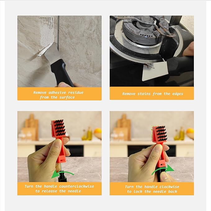 3Pcs (2 Heavy Duty Wide Using Stainless Steel Scraper and 3-in-1Kitchen Stove Cleaning Brush), Brass Brush,Wire Brush,Metal Brush,Nylon Brush, Rust Cleaner for Pot, Range Hood Grease Grime Cleaner