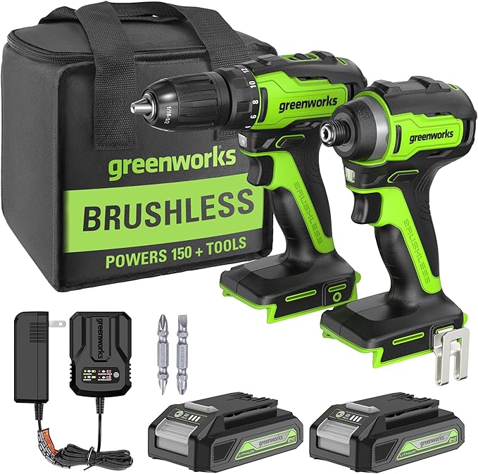 Greenworks 24V MAX Cordless Brushless Drill & Impact Driver Combo Kit, Electric Drill Set, High Torque, Lightweight, Professional Grade, Includes 2x 2.0Ah Batteries, Charger, and Storage Bag