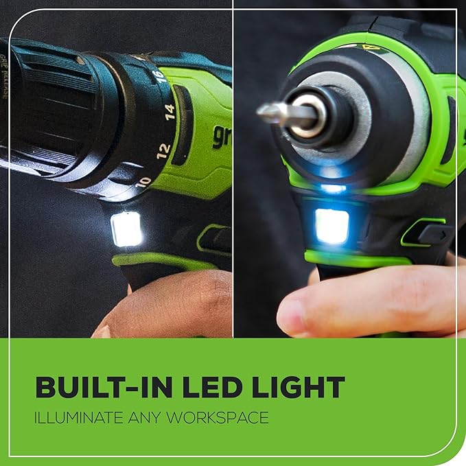 Greenworks 24V MAX Cordless Brushless Drill & Impact Driver Combo Kit, Electric Drill Set, High Torque, Lightweight, Professional Grade, Includes 2x 2.0Ah Batteries, Charger, and Storage Bag