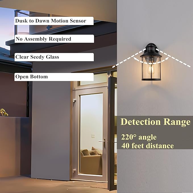 MICSIU 11.5 Inch Motion Sensor Outdoor Wall Light Fixture, Dusk to Dawn Outdoor Light with Clear Seedy Glass, Matte Black Exterior Light for House, Front Porch, Garage, Walkway