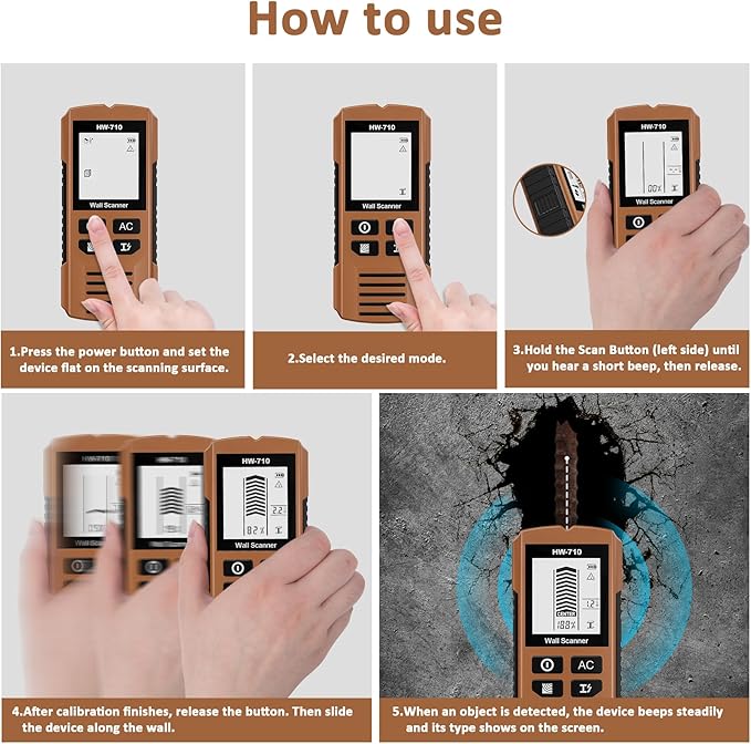 Stud Finder Wall Scanner, 5 in 1 Stud Detector with HD LCD Display, Stud Locator with Upgraded Smart Sensor Audio Alarm, Stud Sensor Beam Finders for Wall Wood Metal Studs AC Wire Joist Metal Pipe