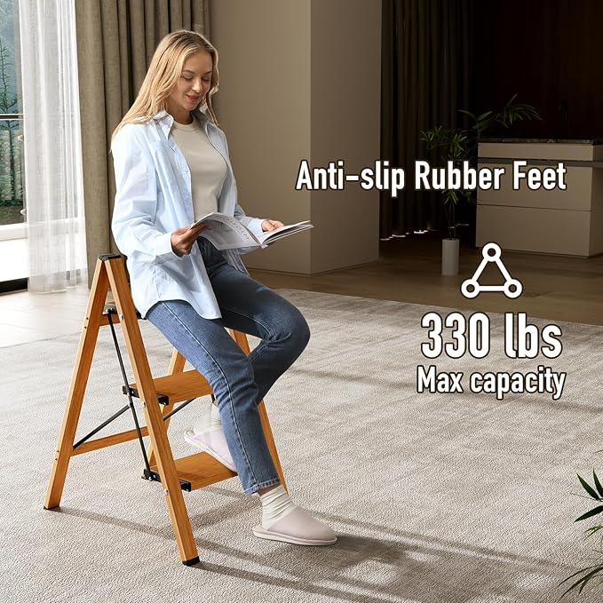 3 Step Ladder,Aluminum Folding Step Stool for Adults,Step Ladder with Wide Anti-Slip Pedal,330 lbs Capacity for Home,Office,Kitchen,Library(Woodgrain