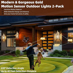 Gold Motion Sensor Outdoor Light Fixtures Dusk to Dawn 2-Pack, 16 Inch Aluminum Anti-Rust Large Brass Outdoor Sconces Wall Mounted Lamps Photocell Outside Lights for House Front Porch