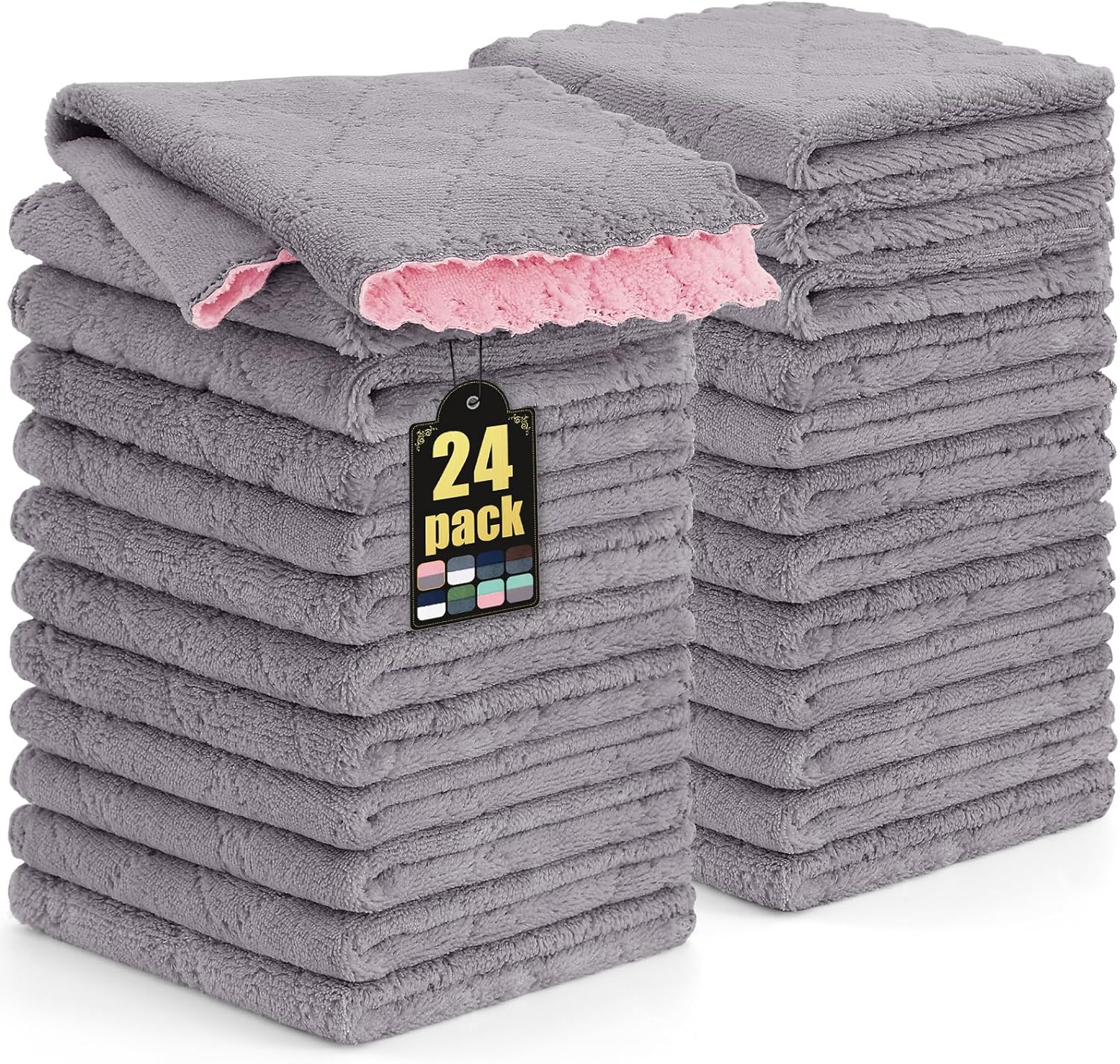 Mordimy 24 Pack Kitchen Cloths Dish Towels (10" x 10", Grey & Pink), Super Soft and Absorbent Dish Cloths, Coral Velvet Microfiber Cleaning Cloth, Nonstick Oil Fast Dry Dishcloths