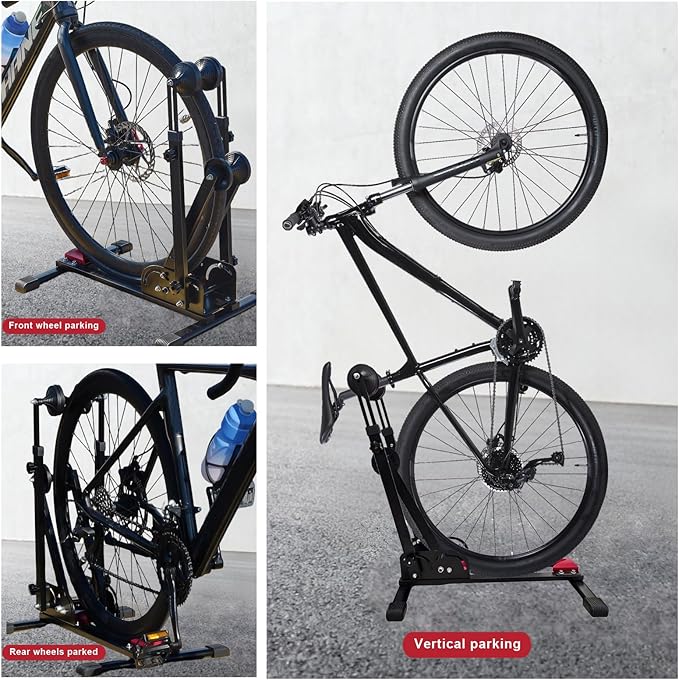 Foldable 2-in-1 Floor Bike Stand, Vertical & Horizontal Bicycle Storage Rack for Garage Storage, Indoor, Sturdy Carbon Steel, Fits Up To 29" Mountain/Road Bikes, No Drilling, Space-Saving