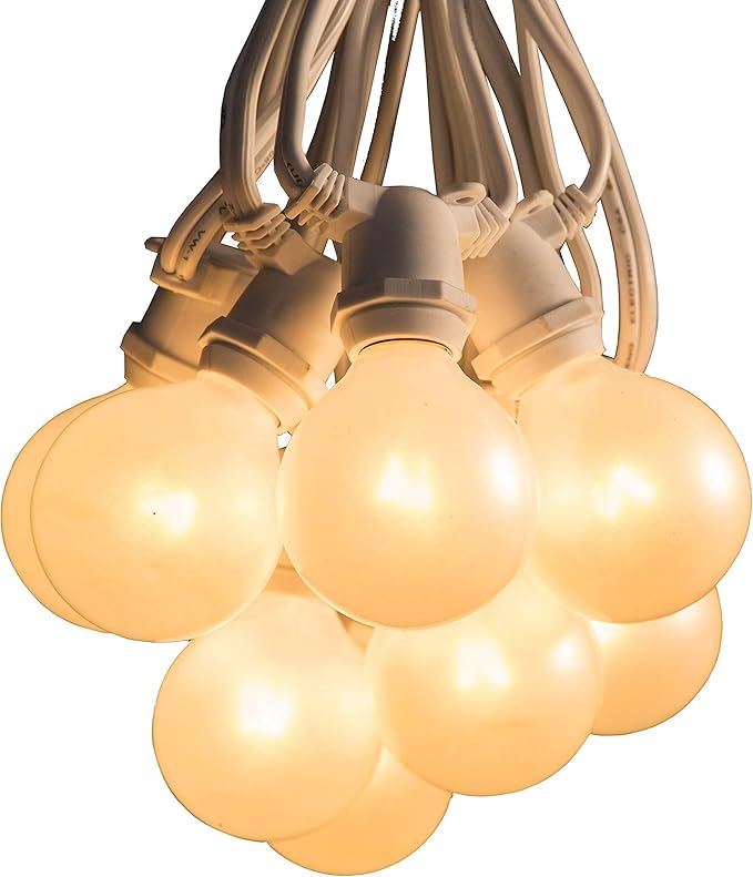 Hometown Evolution, Inc. 25 Foot C9 Commercial Exterior Globe String Lights with 20 G50 2 Inch White Satin Bulbs (White Wire) for Weatherproof Heavy Duty Vintage Outside Lighting