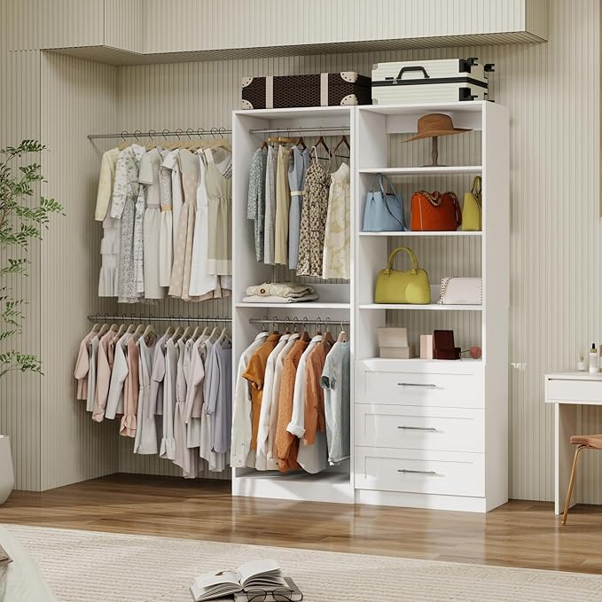 Closet System with 3 Drawers, 4FT Wood Closet Organizer System with 4 Hanging Rods&Adjustable Shevles, 81"Tall Modular Walk In Closet System, Standalone Closet System System, 2 Set,White
