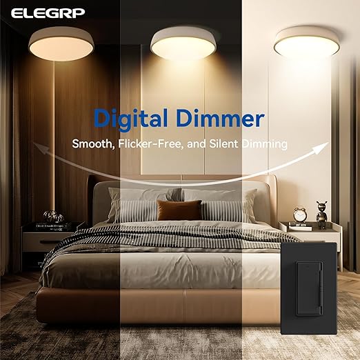 ELEGRP Dimmer Light Switch for 300W Dimmable LED/CFL Lights and 600W INC/HAL Bulbs, Single Pole/3-Way LED Slide Dimmer Light Switch, Wall Plate Included, UL Listed, 5 Pack, Black