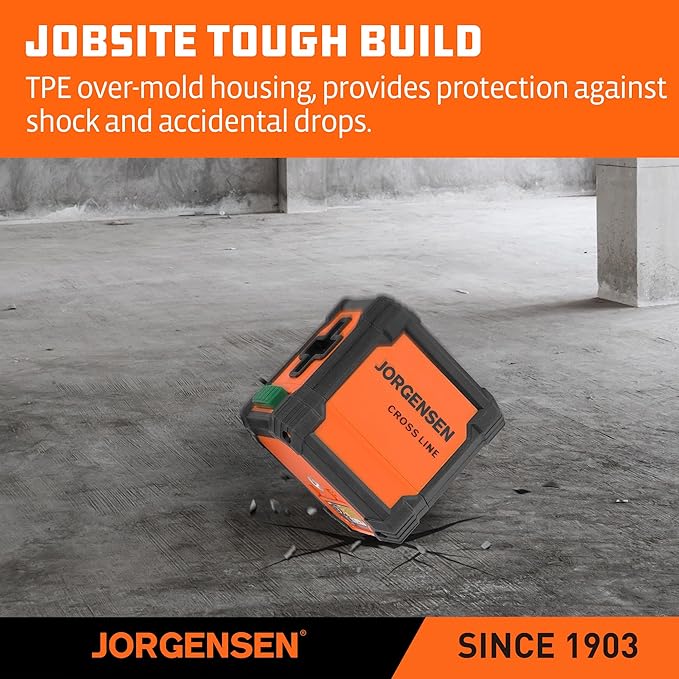 JORGENSEN Laser Level with Tripod, 65 FT Self Leveling Cross Line Laser Leveler Tool with 360° Magnetic Base, Green Laser Level for Picture Hanging, Home Renovation, Indoor Project