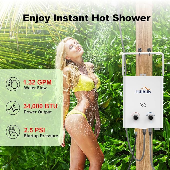 Hillhub Portable Propane Tankless 34,000BTU Water Heater, 1.32GPM Outdoor Shower Water Heater for Camping 5L, Anti-freezing Protection